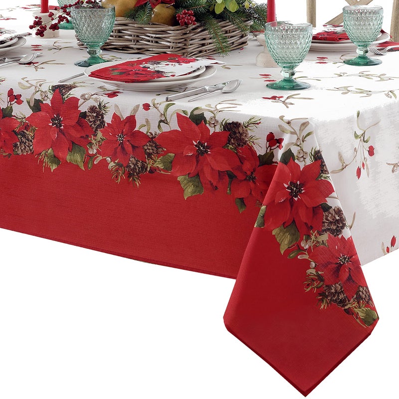 Newbridge Christmas Blooming Poinsettiaâ€™s Double Bordered 60 x 120 inch Rectangle Fabric Tablecloth, Holiday Red and White Poinsettia Dining Table Cover - Image 4
